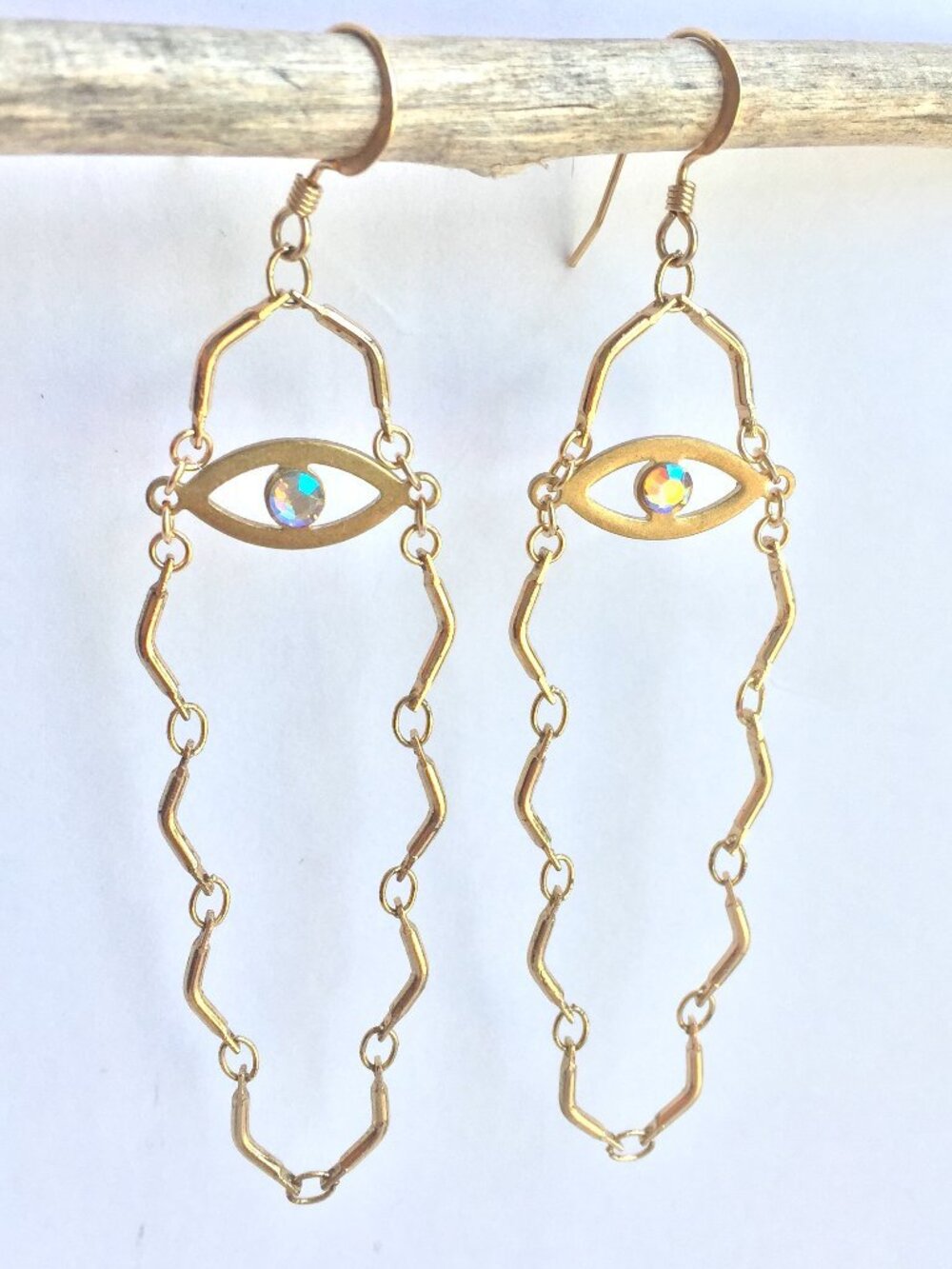 Rhinestone Evil Eye Long Gold Chain Earrings
